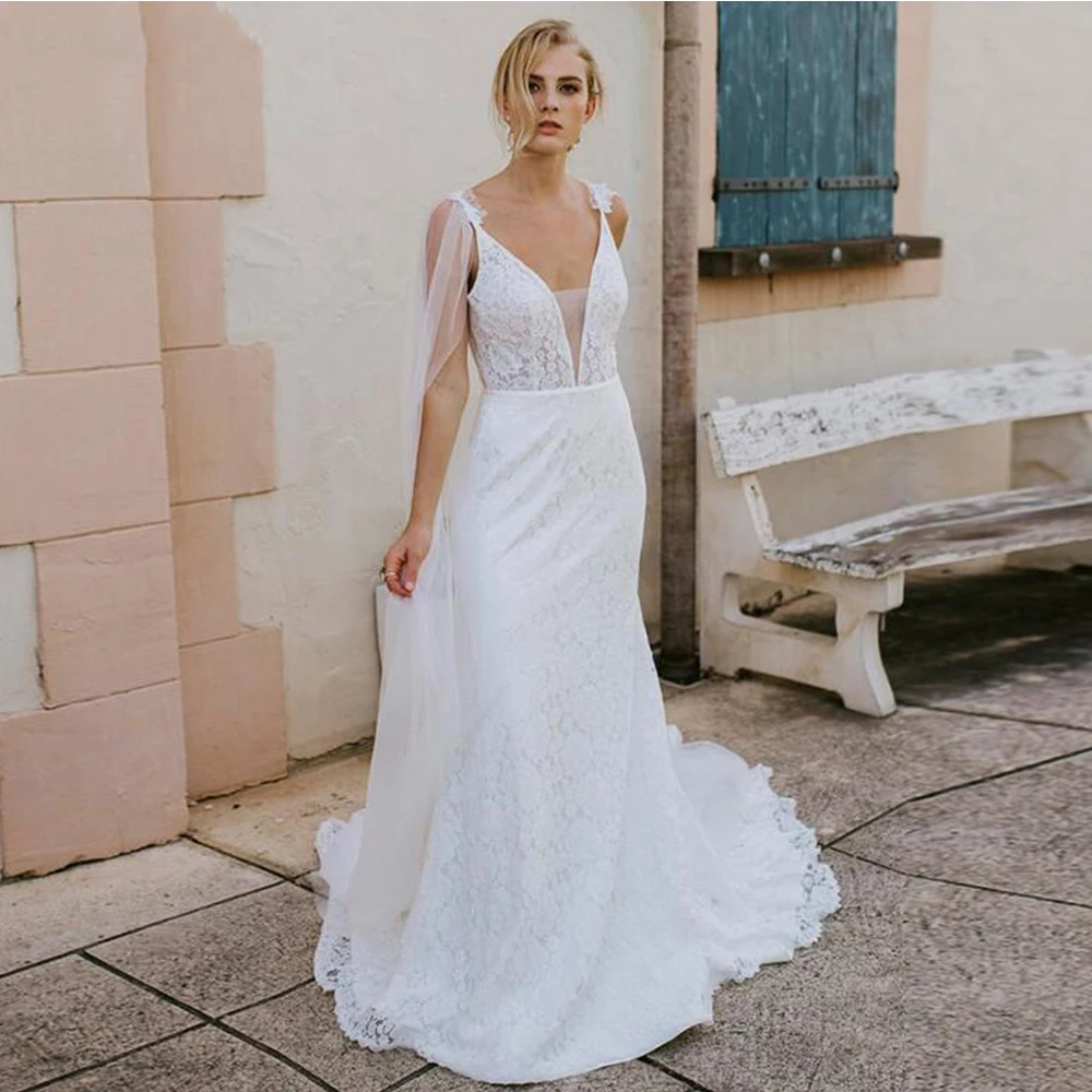 Elegant Lace Boho Mermaid Wedding Dress Deep V Neck Tulle Backless Sleeveless 2021 White Bride Gowns Vestido De Noiva
Elegant Lace Boho Mermaid Wedding Dress Deep V Neck Tulle Backless Sleeveless 2021 White Bride Gowns Vestido De Noiva