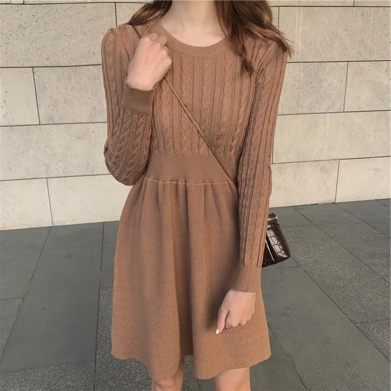Women Korean Chic Brown Winter Knitted Ladies Dresses Stretch A Line Vintage Christmas Dress Warm Long Sleeve Sweater Dresses
Women Korean Chic Brown Winter Knitted Ladies Dresses Stretch A Line Vintage Christmas Dress Warm Long Sleeve Sweater Dresses