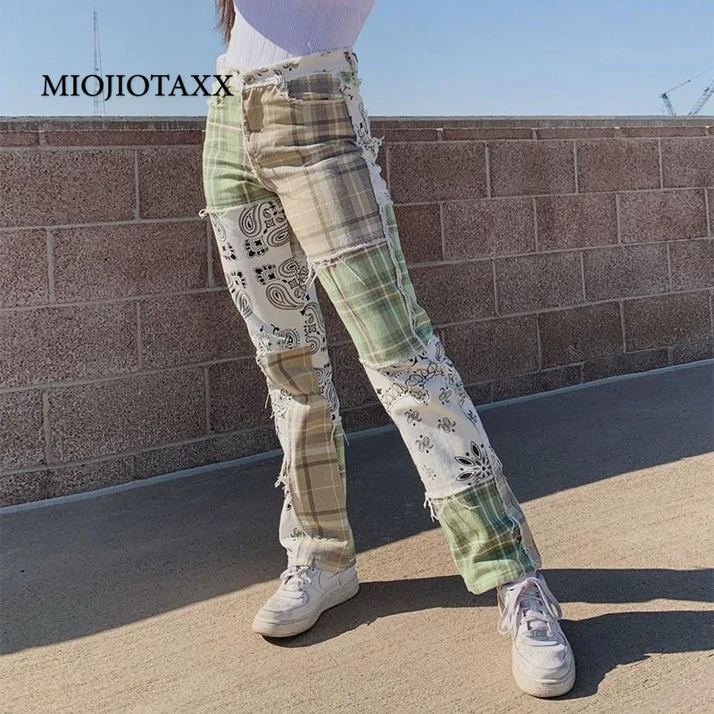 

Весенне-осенние контрастные джинсовые брюки MIOJIOTAXX2021 с принтом в клетку, прямые брюки с грубыми краями, джинсы Y2k, женская одежда
