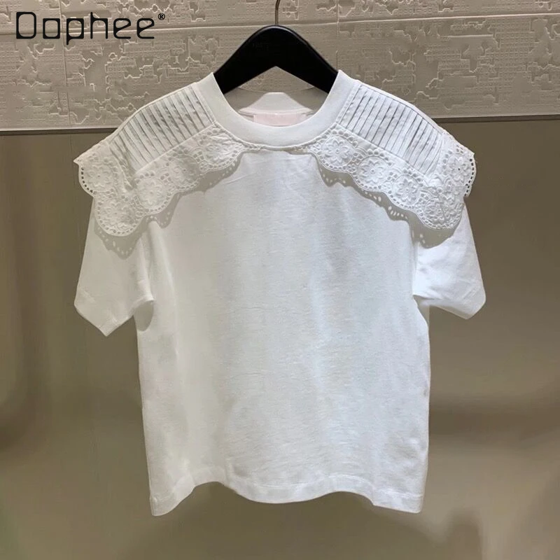 2021 Summer New round Neck Ruffled Patchwork Stripes Embroidered Top Short Sleeve White T-shirt for Women
2021 Summer New round Neck Ruffled Patchwork Stripes Embroidered Top Short Sleeve White T-shirt for Women