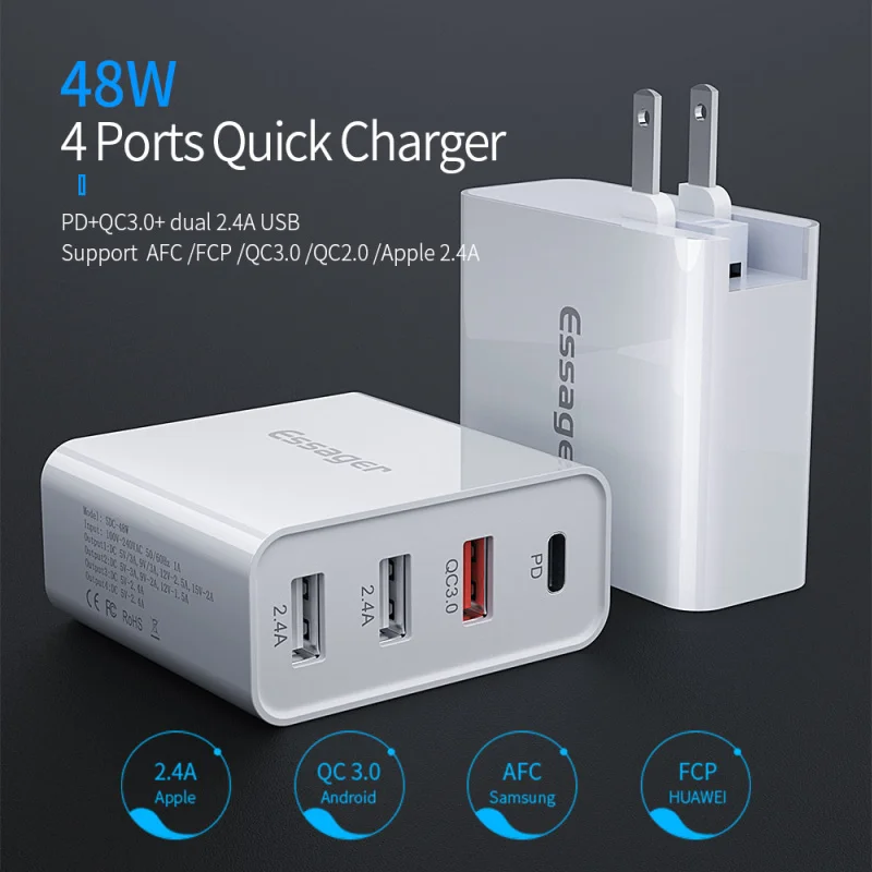 Essager Quick Charge 3.0 Mutil Usb Charger Usb Type C Pd Qc QC3.0 48W Fast Charge Travel Wall Phone Charger For Iphone Xiaomi
Essager Quick Charge 3.0 Mutil Usb Charger Usb Type C Pd Qc QC3.0 48W Fast Charge Travel Wall Phone Charger For Iphone Xiaomi