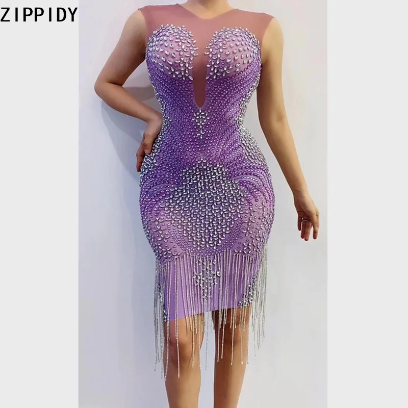 Transparent Net Silver Purple Stones Fringe Dress Prom Party Birthday Celebrate Show Wear Women Dancer Short Dress
Transparent Net Silver Purple Stones Fringe Dress Prom Party Birthday Celebrate Show Wear Women Dancer Short Dress