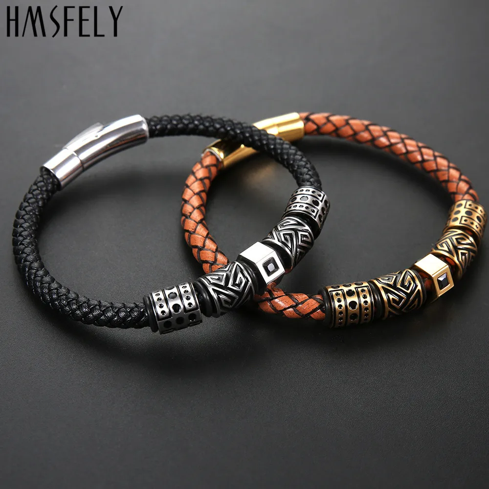 HMSFELY Men Fashion Leather Bracelet Titanium Stainless Steel Beads Charm Bracelets Bangles Jewelry For Clasp | Украшения и