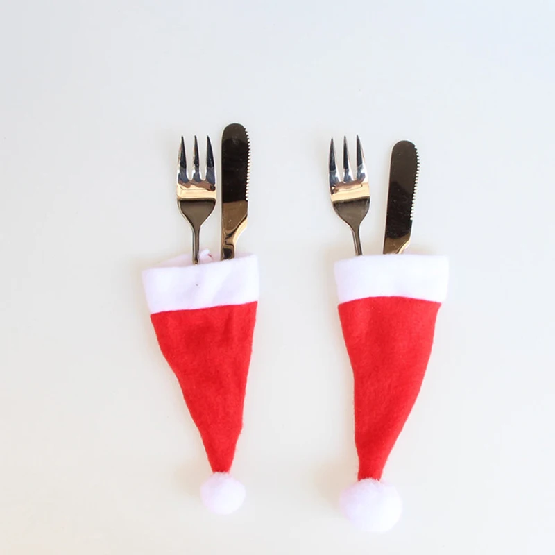 10PCS Christmas Decorative tableware Xmas Caps Cutlery Holder Knife Fork Set Spoon Pocket Decor Bag 6x13cm | Дом и сад