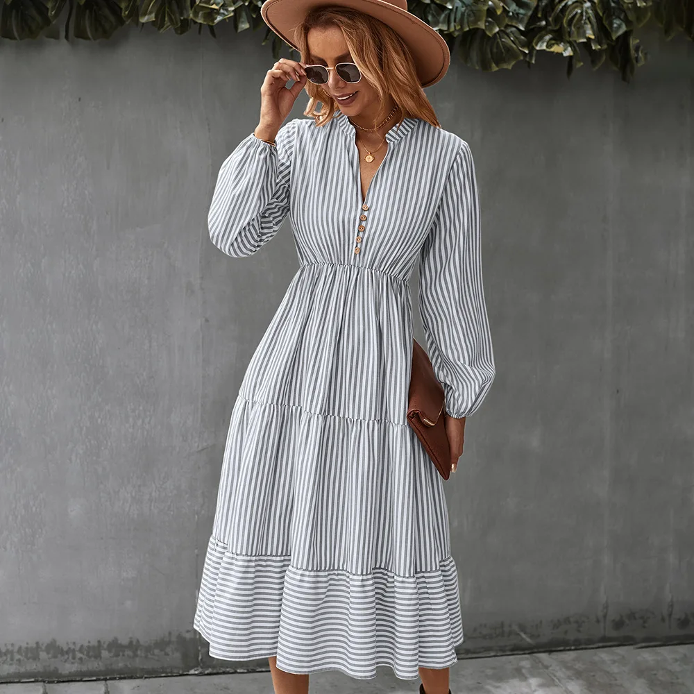 Sweet Elegant Girl Pastoral Style Striped Dress V-neck High Waist Over-the-knee Skirt 2021 New Casual Fashion Long Skirt Women
Sweet Elegant Girl Pastoral Style Striped Dress V-neck High Waist Over-the-knee Skirt 2021 New Casual Fashion Long Skirt Women