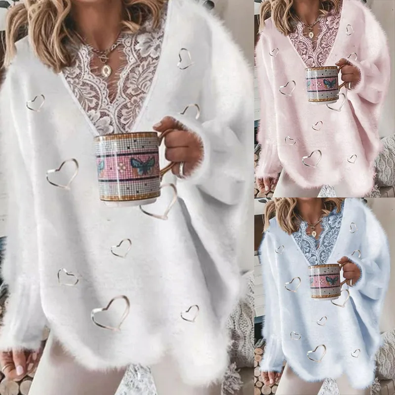 2021 spring pullover V-neck solid color knitting printing long-sleeved lace stitching sweater women
2021 spring pullover V-neck solid color knitting printing long-sleeved lace stitching sweater women