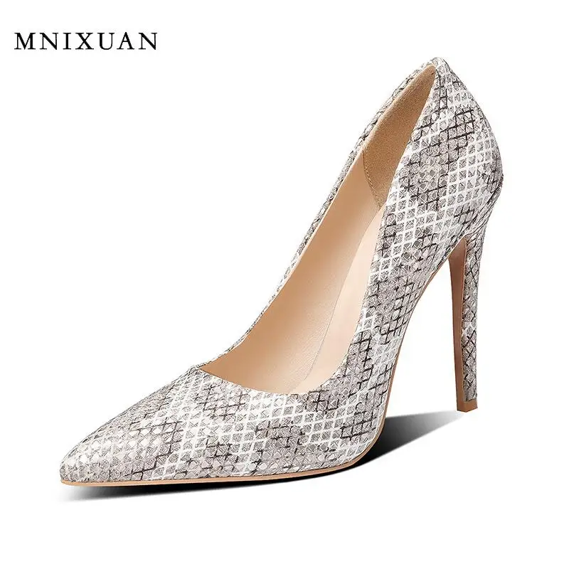 

MNIXUAN Designer Brand Luxury Women Shoes pumps Snake Print Heels 2020 new pointed toe white high heels blue party shoes size 11