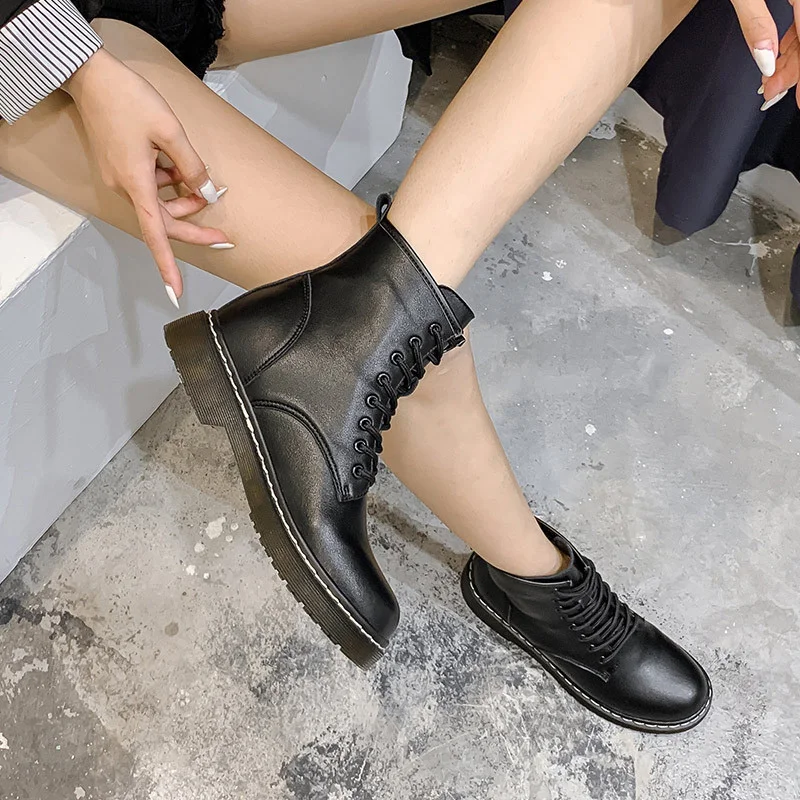 Genuine Leather Boots Women High Platform Chunky Shoes Lace Up Ankle Boots Soft PVC Sole Winter Autumn Fur Warm Shoes