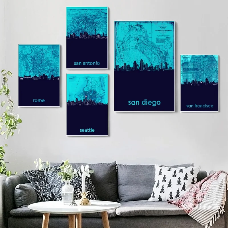 

Rome,San Antonio,San Diego,San Francisco,Seattle,Skyline Modern City Map Poster Canvas Wall Art Print Home Decor