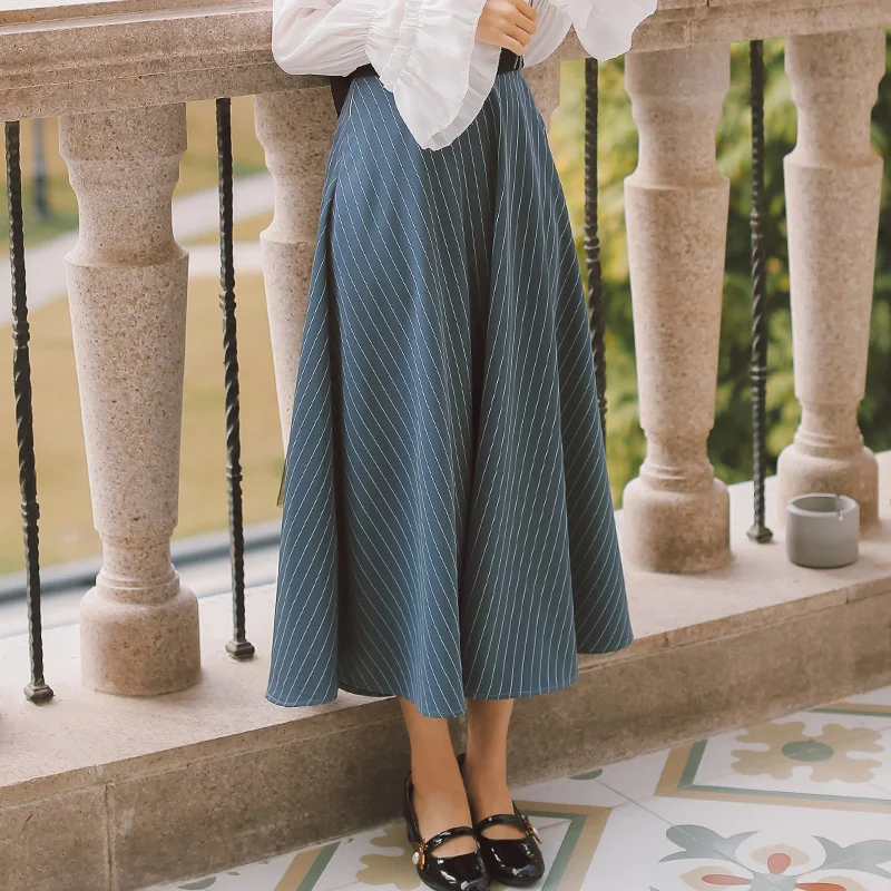 Korean Fashion Women Skirts Woman High Waist Harajuku Skirt Elegant Lace Belt Midi Striped Long Womens | Женская одежда