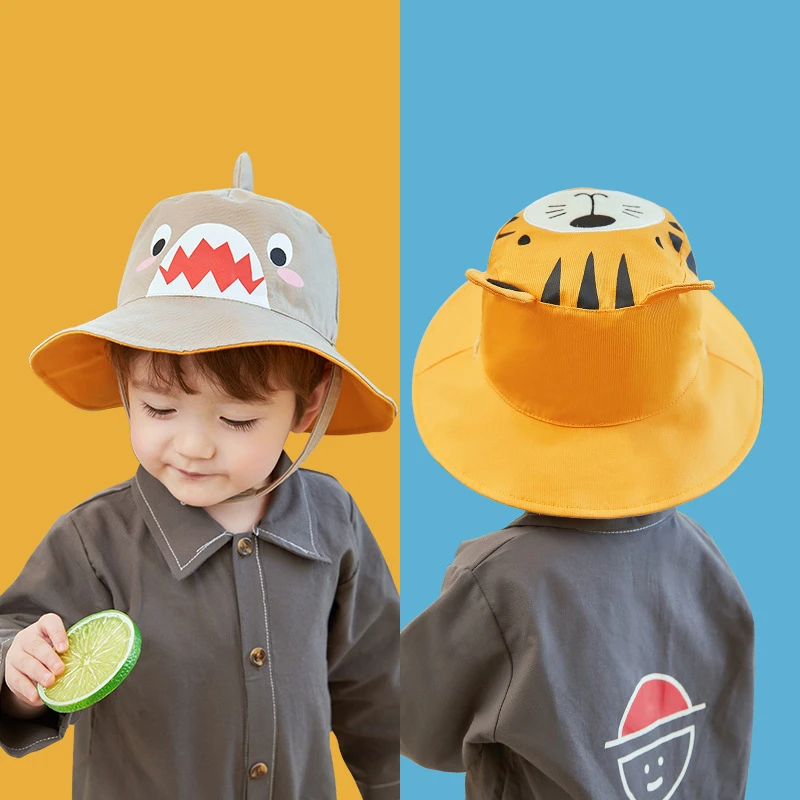 

2023 New Double-sided Wear Fishing Hat Fisherman Cap For Boys Girls Cartoon Tiger Unicorn Summer Bucket Hats Children Panama Hat