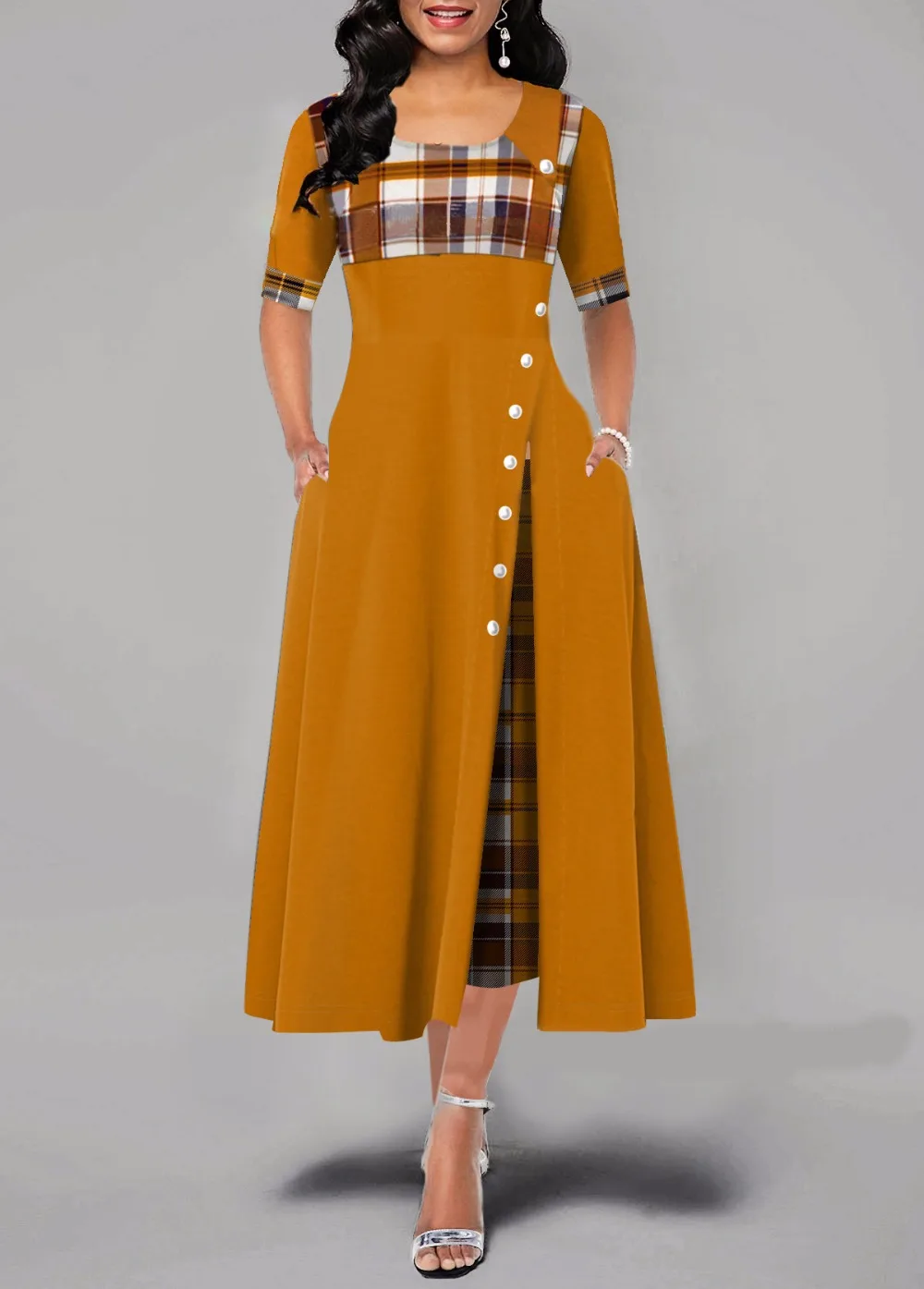 High Quality Half Sleeve Elegant Women Irregular Dress Button Patchwork Plaid Printed Office Dress Pocket Long Dress Vestidos
High Quality Half Sleeve Elegant Women Irregular Dress Button Patchwork Plaid Printed Office Dress Pocket Long Dress Vestidos