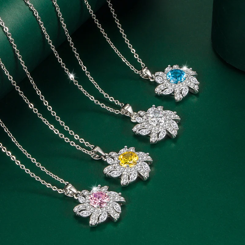

Bella Box Multicolor Gemstone Zircon Necklace 925 Sterling Silver Simple Flower Pendant Wedding Engagement Fine Jewelry15.4*22mm