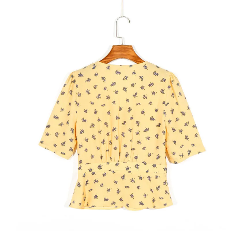 Summer women's shirt casual flower print V-neck short sleeve shirt