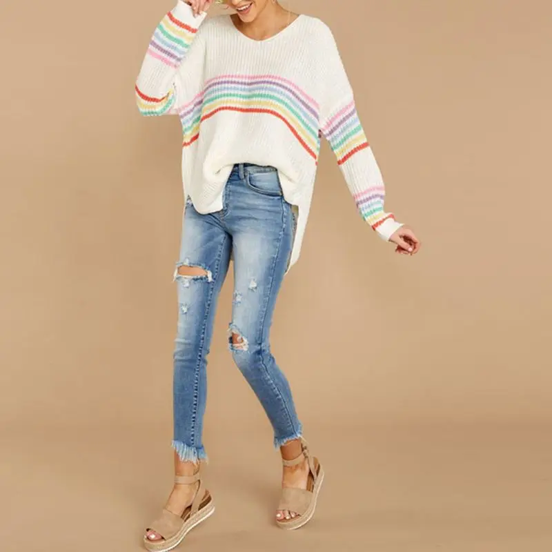 Womens Long Sleeve V-Neck Pullover Sweaters Rainbow Stripes Patchwork Knit Pullover Tops High Low Asymmetric Loose Jumper 
Womens Long Sleeve V-Neck Pullover Sweaters Rainbow Stripes Patchwork Knit Pullover Tops High Low Asymmetric Loose Jumper