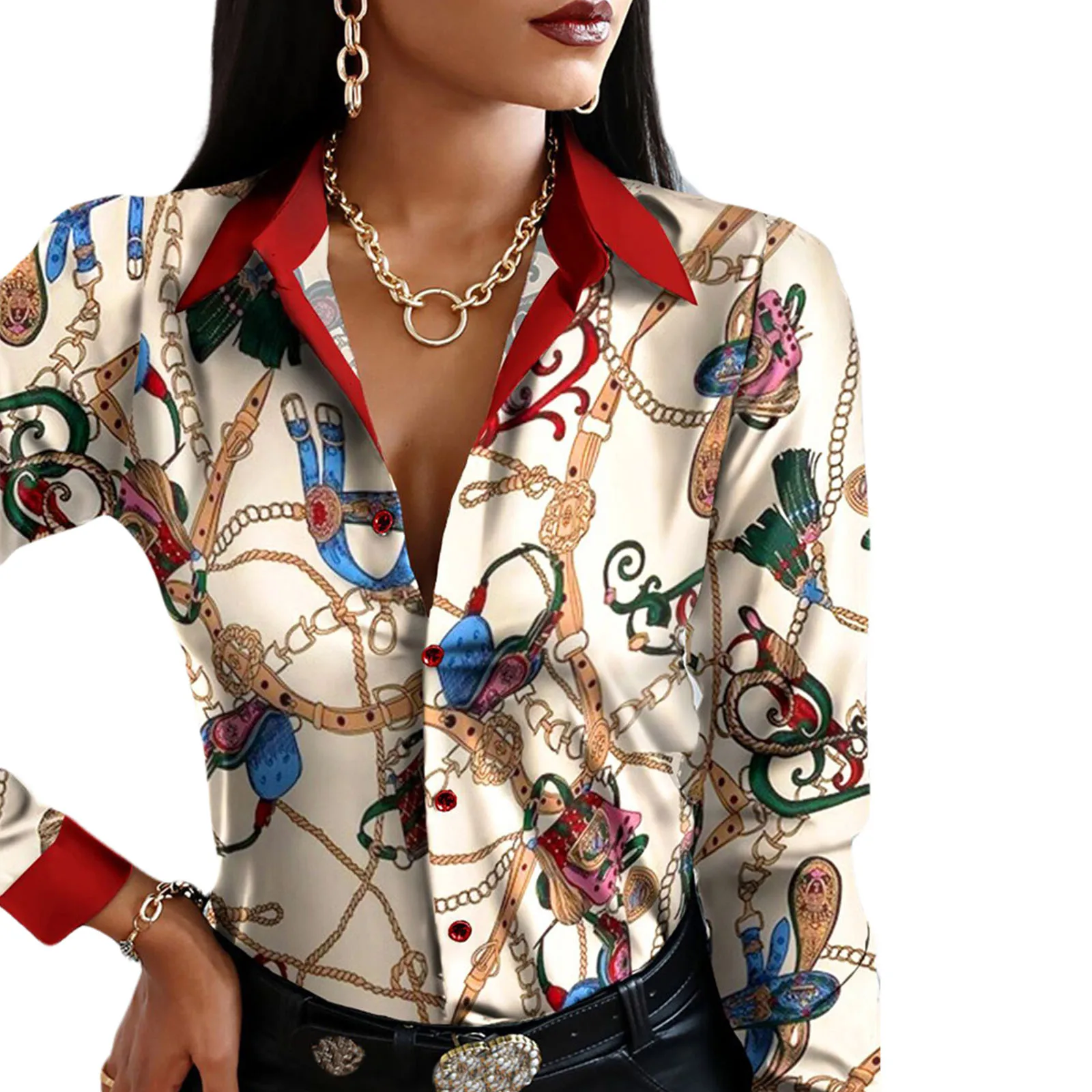 Fashion Women Shirt Slim V-neck Contrast Color Long-sleeved Top High-waist Tight-fitting Printing Spring Autumn Clothing 
Fashion Women Shirt Slim V-neck Contrast Color Long-sleeved Top High-waist Tight-fitting Printing Spring Autumn Clothing