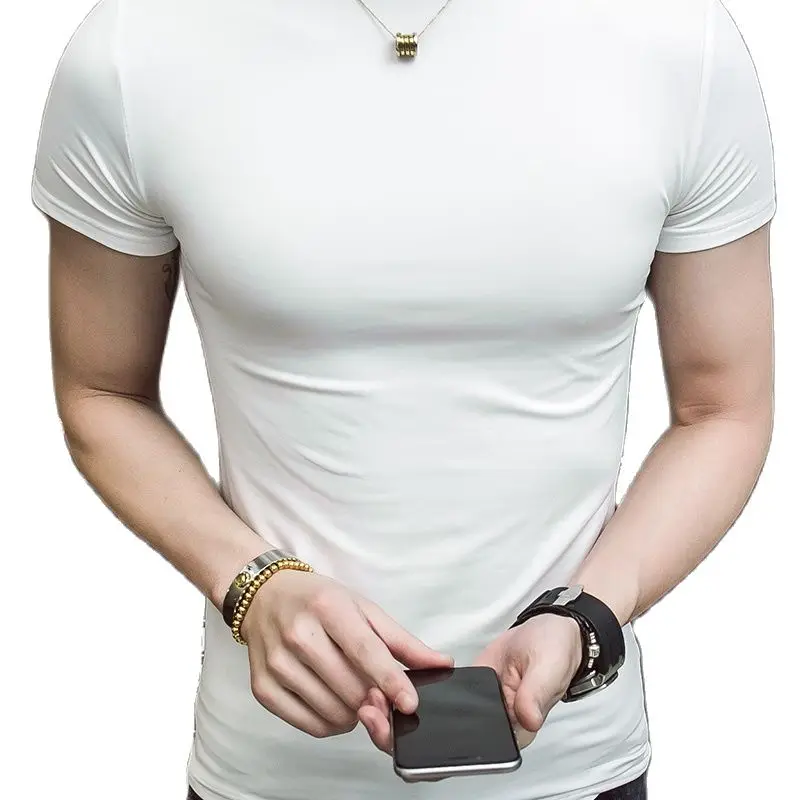 Мужская Облегающая водолазка с коротким рукавом однотонная черная или белая
