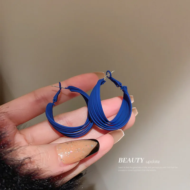 

925 Silver Needle Korean Version Temperament Advanced Sense Geometry C-shaped Acrylic Multi-layer Blue Minority Ear Ring
