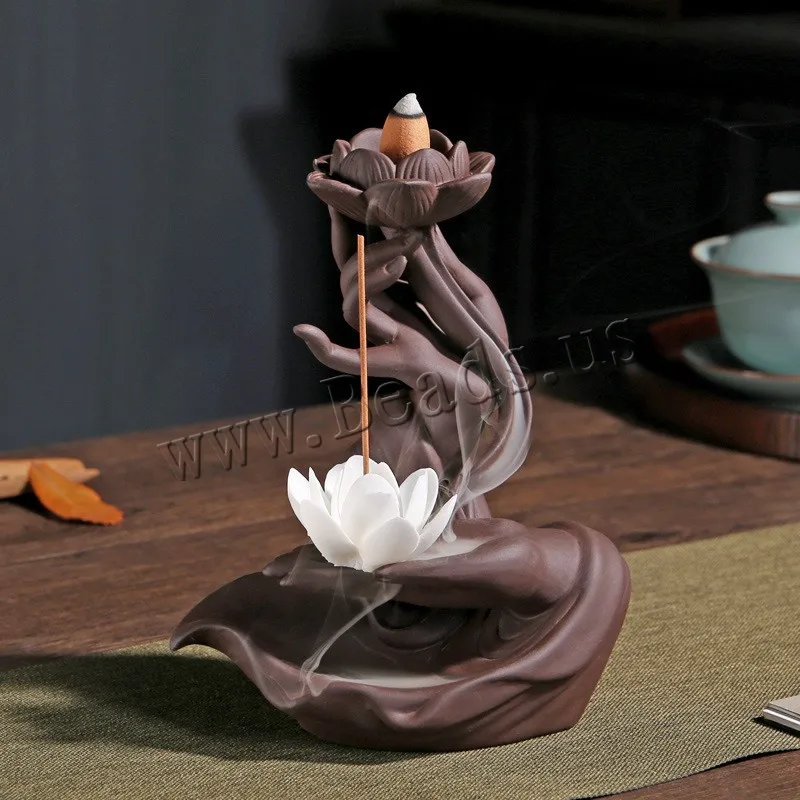 

Lotus Folwer Backflow Incense Burner Buddha Hand Smoke Waterfall Incense Holder Home Decor Porcelain Censer Use In Home Office