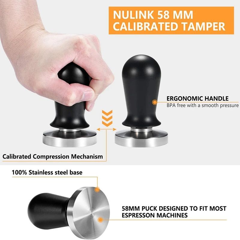 58mm Calibrated Pressure Espresso Tamper Tool Barista Espresso Machine Tamper Flat Base 30Lbs Press, 304 Stainless Steel
58mm Calibrated Pressure Espresso Tamper Tool Barista Espresso Machine Tamper Flat Base 30Lbs Press, 304 Stainless Steel