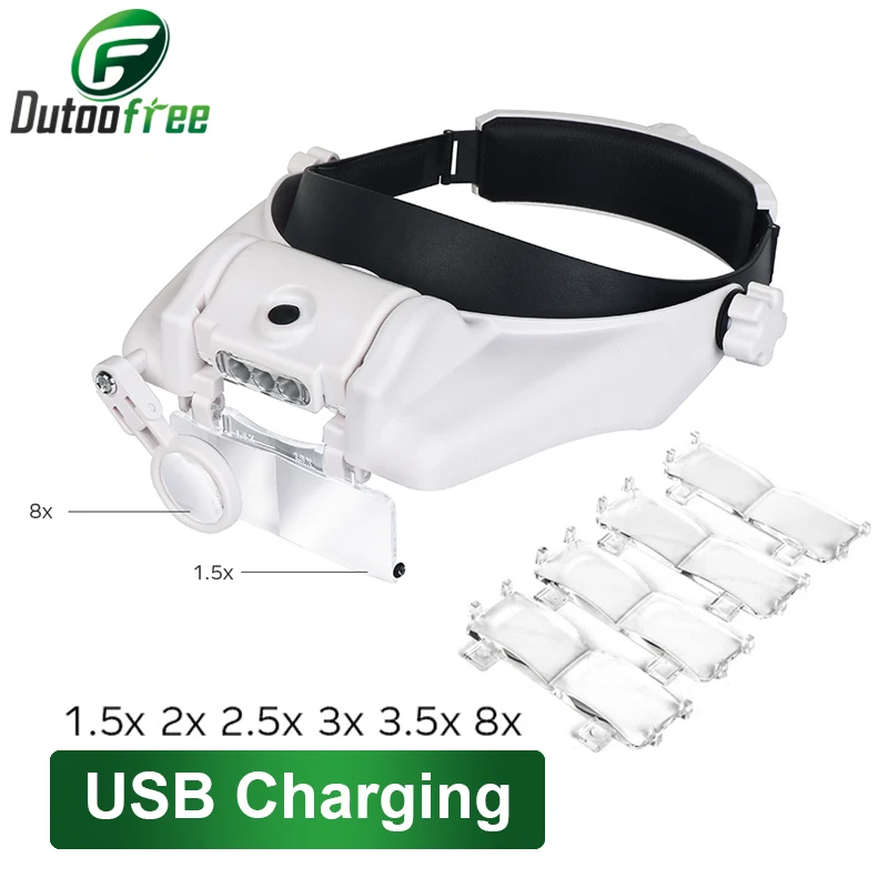 

USB Rechargeable Glasses Loupe Watchmaker Repair Tool Glasses Magnifier LED Headband Magnifying Glass 1.5x 2x 2.5x 3x 3.5x 8