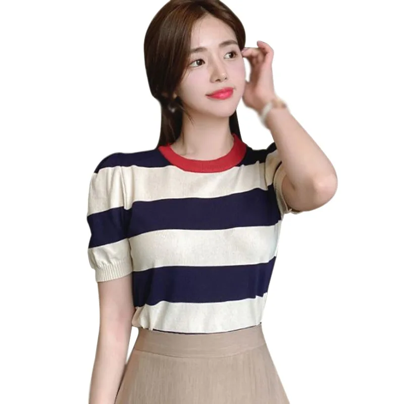Korean O Neck Color Striped T-Shirt Summer Casual Short Sleeve Slim Knitted Tee Shirt Tops 2021 
Korean O Neck Color Striped T-Shirt Summer Casual Short Sleeve Slim Knitted Tee Shirt Tops 2021