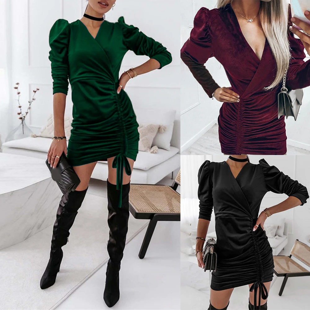 Women Sexy Mini Dress Bodycon Draw String Ol Dress Spring/Autumn V-Neck Natural Long Sleeve Party Club Dress
Women Sexy Mini Dress Bodycon Draw String Ol Dress Spring/Autumn V-Neck Natural Long Sleeve Party Club Dress