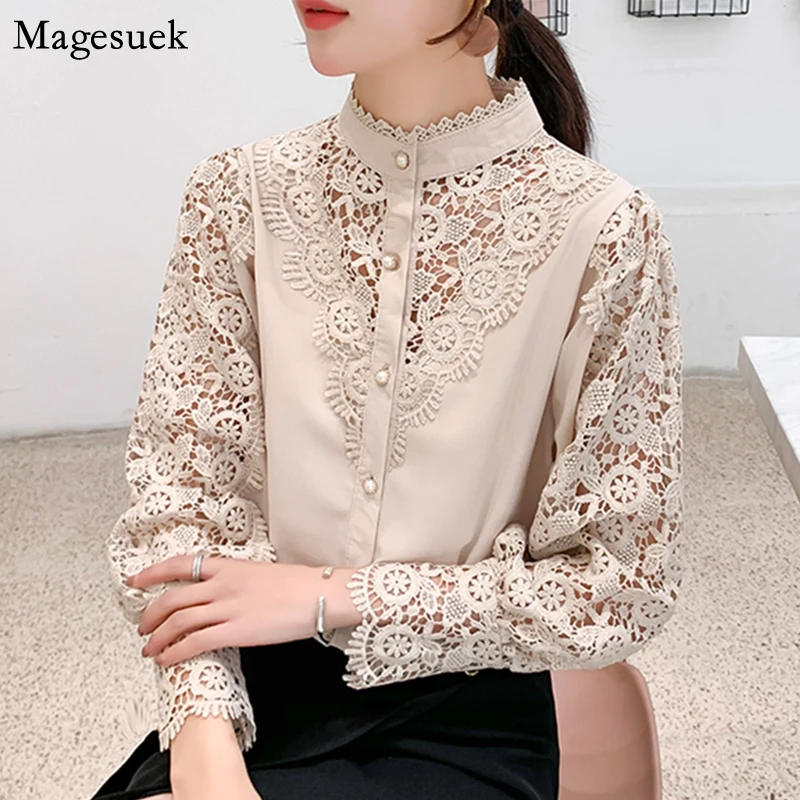 Spring New Stand Collar Crochet Lace Blouse Women Button Lace Patchwork Shirt Hook Flower Hollow Lantern Sleeve Tops Blusa 13324
Spring New Stand Collar Crochet Lace Blouse Women Button Lace Patchwork Shirt Hook Flower Hollow Lantern Sleeve Tops Blusa 13324