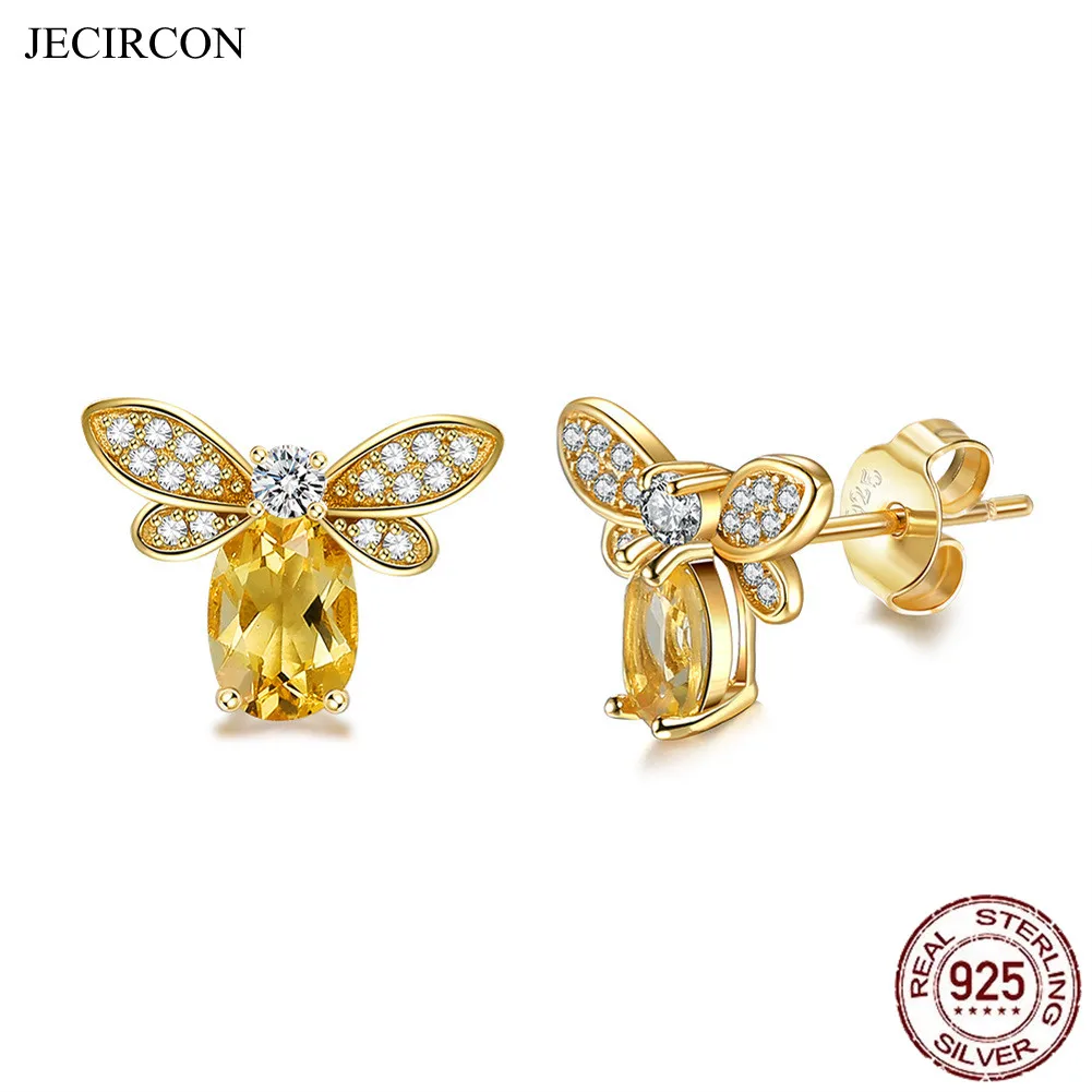

JECIRCON 925 Sterling Silver Cute Honey Bee Stud Earrings Women Minimalist INS Animal Studs Charming Crystal Zircon CZ Earring