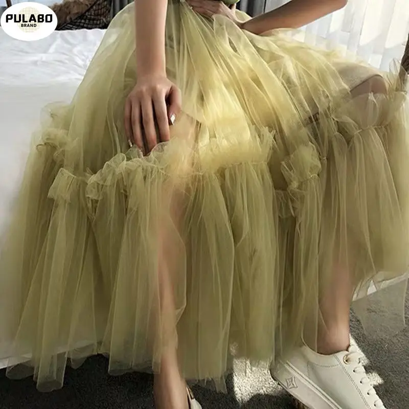 

Женская длинная Плиссированная Юбка-пачка, винтажная Тюлевая юбка с высокой талией, эластичная сетчатая юбка на осень-зиму