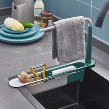 Telescopic Sink Shelf Kitchen Sink Organizer Soap Sponge Holder Towel Hanger Sink Drain Rack With Drainer Basket Kitchen Gadgets