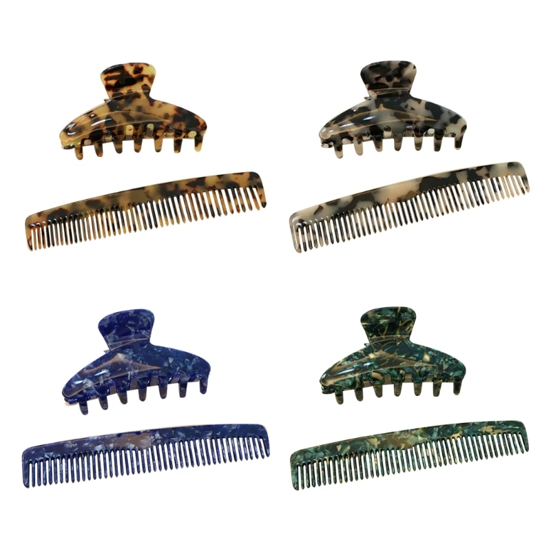 

French Style Women 2pcs Hair Claw Clip with Head Comb Set Tortoise Shell Cellulose Acetate Geometric Hairpin Barrette