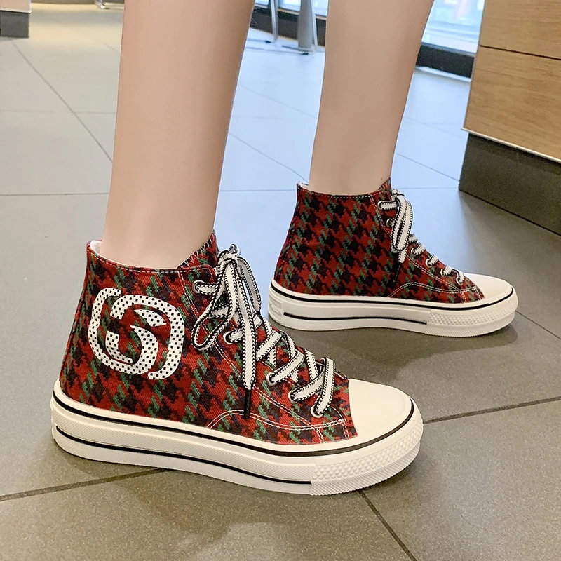 Women Summer Lace-Up Low-Top High-Top Canvas Tennis Sneakers with Red Green Houndstooth
Women Summer Lace-Up Low-Top High-Top Canvas Tennis Sneakers with Red Green Houndstooth