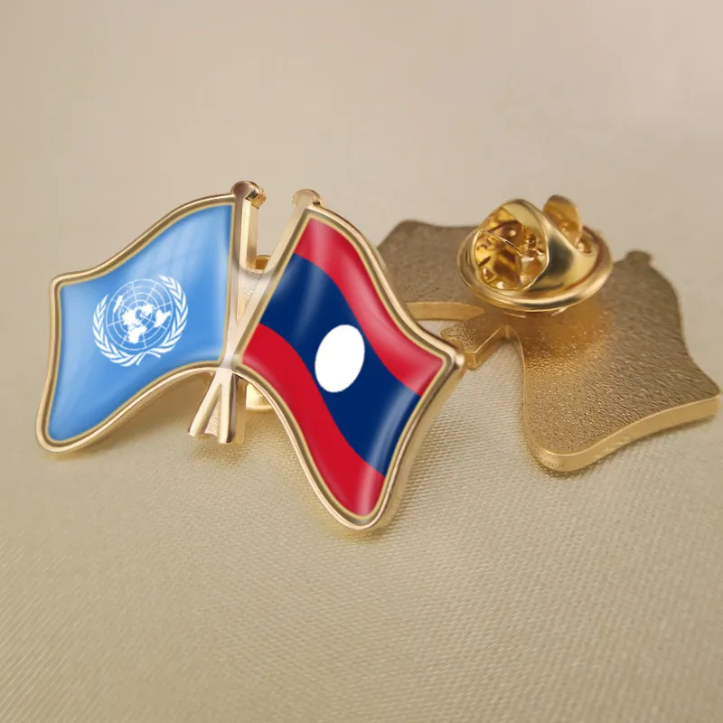 

United Nations and Lao People's Democratic Republic Crossed Double Friendship Flags Brooch Badges Lapel Pins