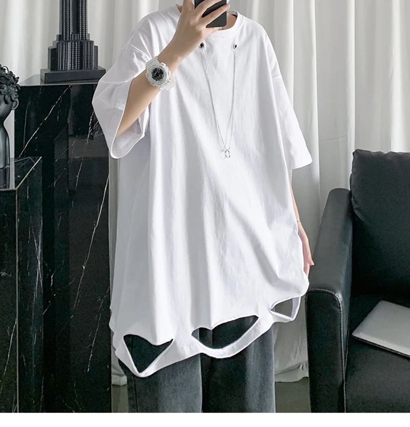 Ripped Hole Short Sleeve Men T-Shirt Loose Summer Hong Kong Style Top Tee With Chain Woman Oversized Harajuku Punk Streetwear
Ripped Hole Short Sleeve Men T-Shirt Loose Summer Hong Kong Style Top Tee With Chain Woman Oversized Harajuku Punk Streetwear