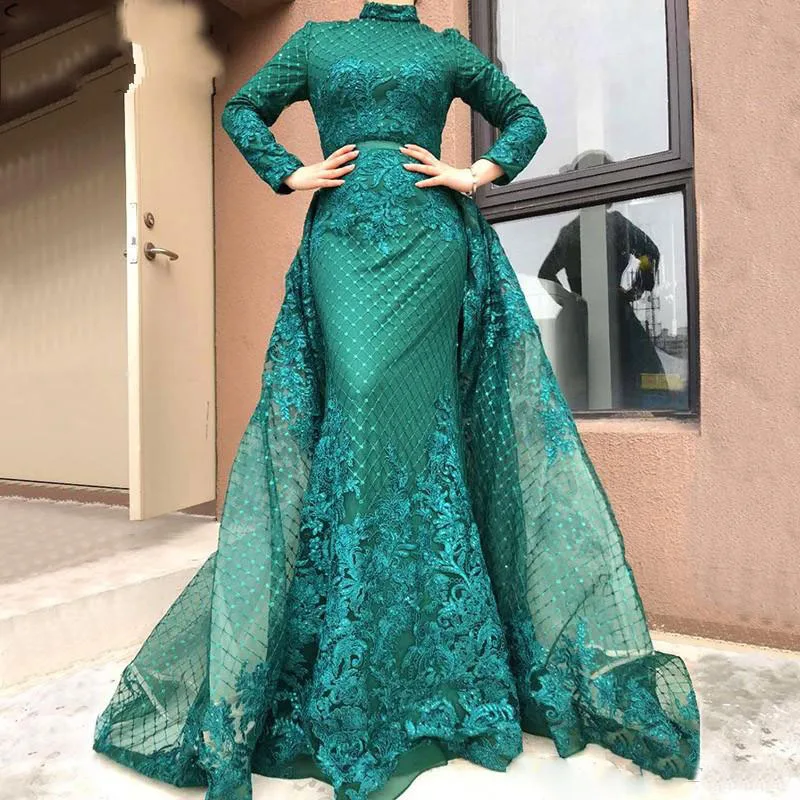 2019 Emerald Green Muslim Prom Dresses High Neck Long Sleeves Lace Applique Detachable Train Saudi Arabic Mermaid Evening Gowns
2019 Emerald Green Muslim Prom Dresses High Neck Long Sleeves Lace Applique Detachable Train Saudi Arabic Mermaid Evening Gowns