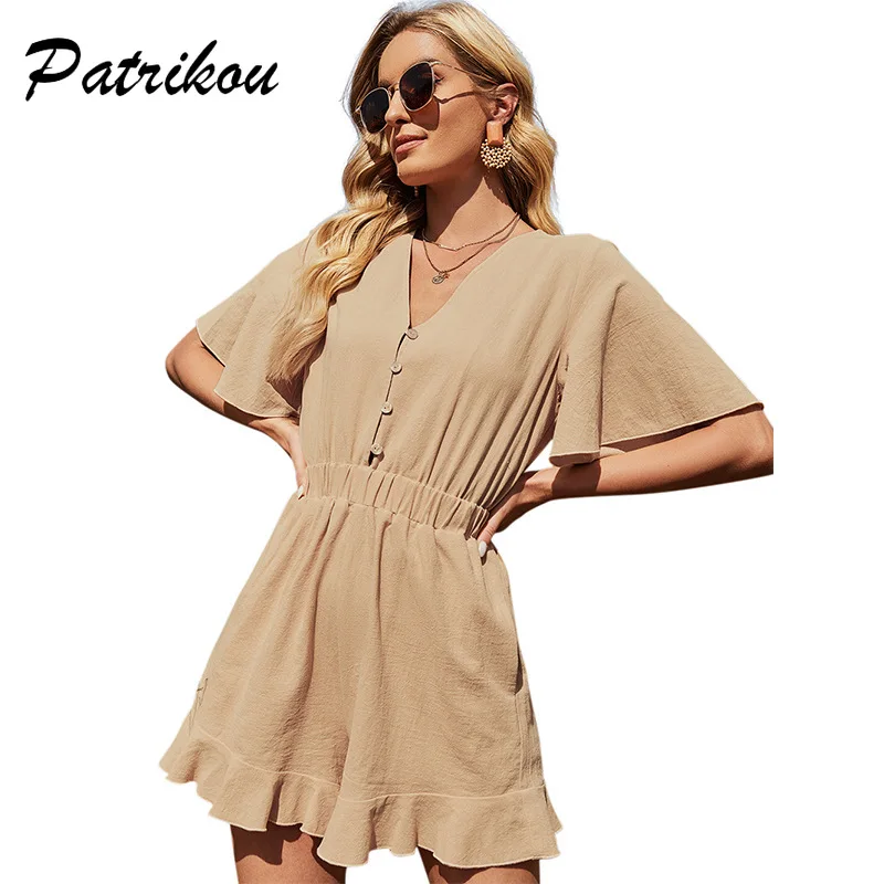 Women's Solid Clothing Summer Single Breasted Playsuits V-neck Short Sleeved Jumpsuit Female Cotton High Waist Casual Rompers
Women's Solid Clothing Summer Single Breasted Playsuits V-neck Short Sleeved Jumpsuit Female Cotton High Waist Casual Rompers