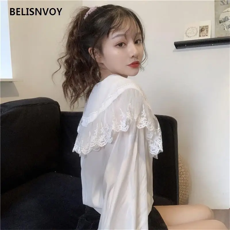 Japanese Sweet Kawaii Women Blouse Spring Autumn Lace Peter Pan Collar Solid Shirts Puff Sleeve Loose Female Korean White Blusas 
Japanese Sweet Kawaii Women Blouse Spring Autumn Lace Peter Pan Collar Solid Shirts Puff Sleeve Loose Female Korean White Blusas