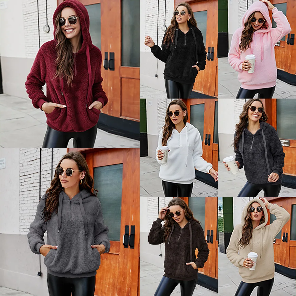 Autumn and winter long-sleeved zipper hooded collar solid color women's hoodie fleece jacket with pockets
Autumn and winter long-sleeved zipper hooded collar solid color women's hoodie fleece jacket with pockets