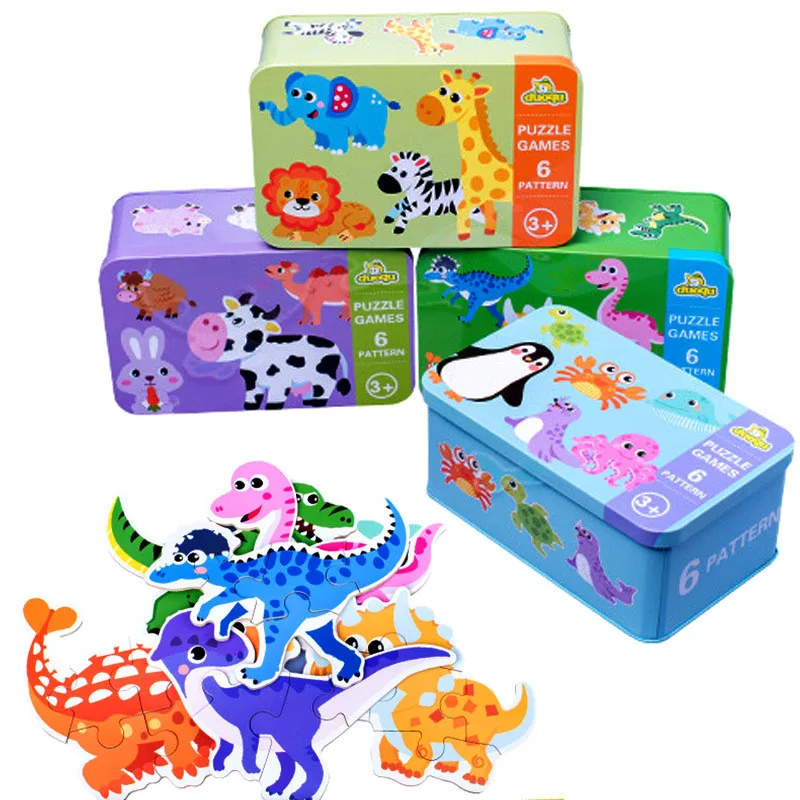 

6Pcs/Set Puzzle Jigsaw Board Wooden Souptoys Early Educational Game Cute Cartoon Animal Dinosaur Pattern Baby Toys Children Gift
