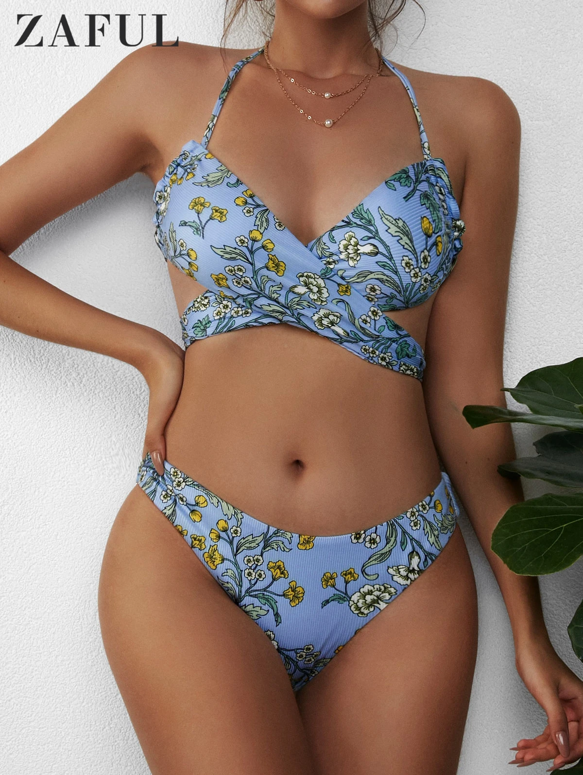 

ZAFUL Ribbed Floral Convertible Bikini Set Tie Backless Swimwear Women Sexy Print Halter Bandeau Swimsuit Summer Brazilian Beach