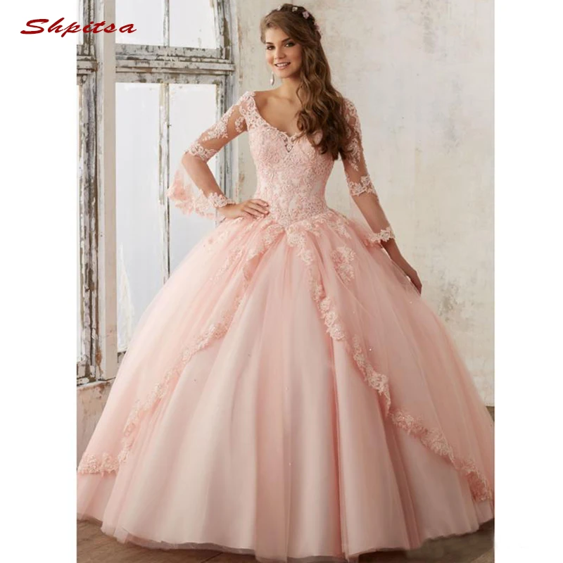 

Pink Long Sleeve Lace Quinceanera Dresses Ball Gown Tulle Prom Debutante Sixteen 15 Sweet 16 Dress vestidos de 15 anos