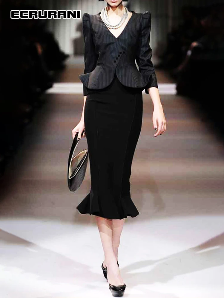 ECRURANI черные модные женские костюмы с V-образным вырезом с длинным рукавом топ с присборенной талией с высокой талией облегающая юбка миди на...
ECRURANI черные модные женские костюмы с V-образным вырезом с длинным рукавом топ с присборенной талией с высокой талией облегающая юбка миди на...