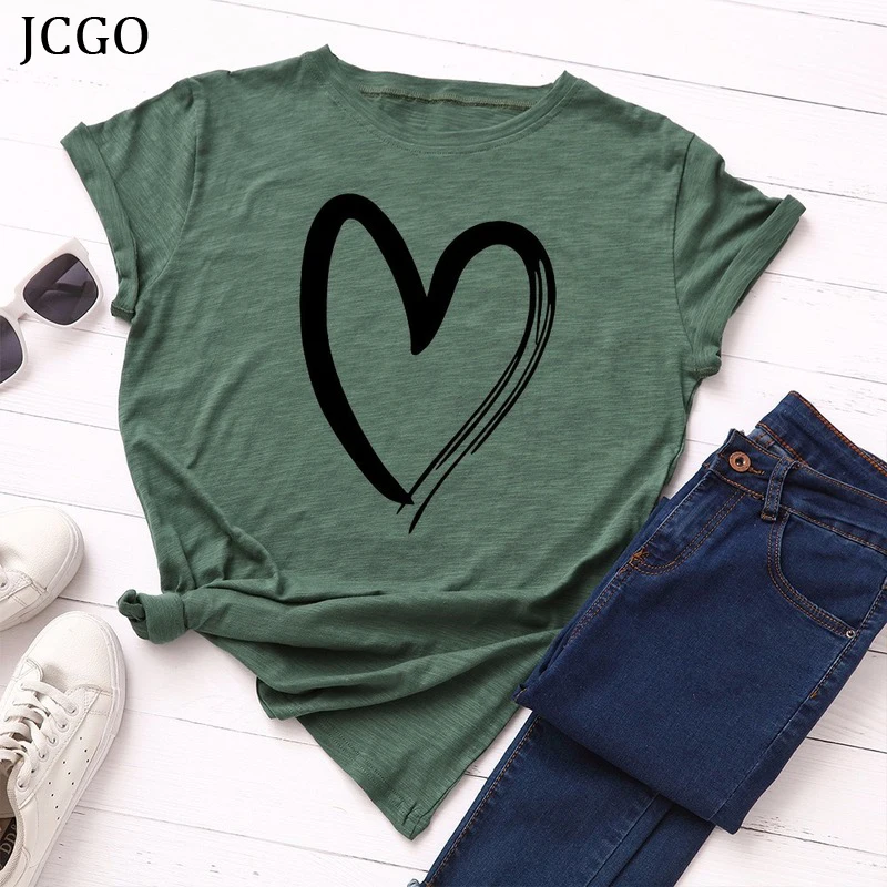 JCGO Summer Cotton Women T Shirt S-5XL Versatile Short Sleeve Oversize Tees Tops Fashion Heart Print Casual O-Neck Female TShirt
JCGO Summer Cotton Women T Shirt S-5XL Versatile Short Sleeve Oversize Tees Tops Fashion Heart Print Casual O-Neck Female TShirt