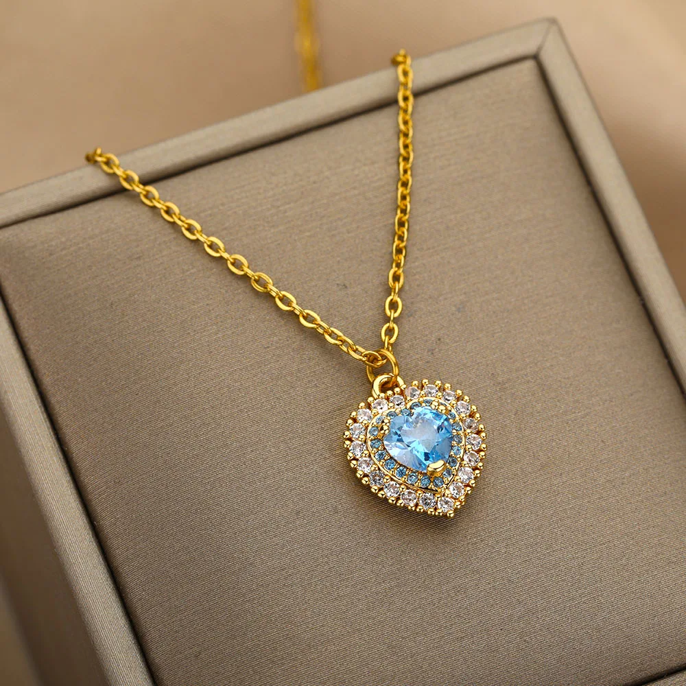 Ожерелье женское из нержавеющей стали с подвеской в виде сердца голубым Цирконом