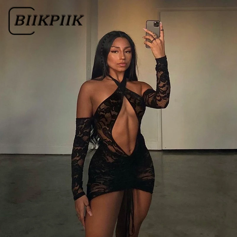 BIIKPIIK Sexy Lace See Through Mini Dress For Women Long Sleeve Hollow Out Bodycon Midnight Clubwear Halter Drawstring Dresses
BIIKPIIK Sexy Lace See Through Mini Dress For Women Long Sleeve Hollow Out Bodycon Midnight Clubwear Halter Drawstring Dresses