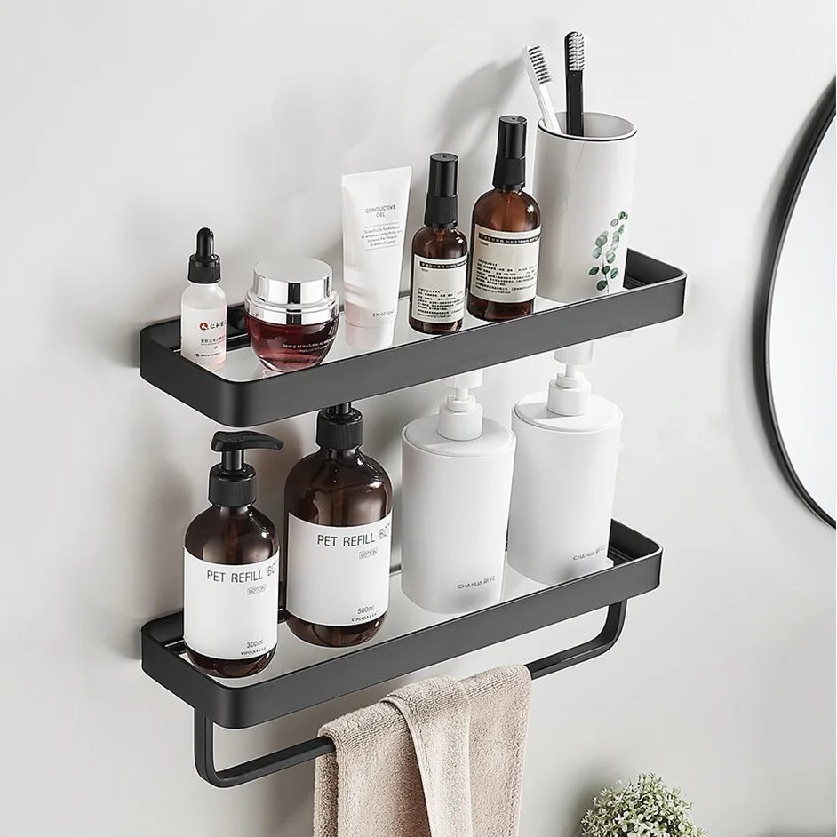 Bathroom Glass Shelf Bath Shower Shelf With Towel Bar Black Shelf 30-50CM Aluminum Kitchen Storage Holder Bathroom Accessories
Bathroom Glass Shelf Bath Shower Shelf With Towel Bar Black Shelf 30-50CM Aluminum Kitchen Storage Holder Bathroom Accessories