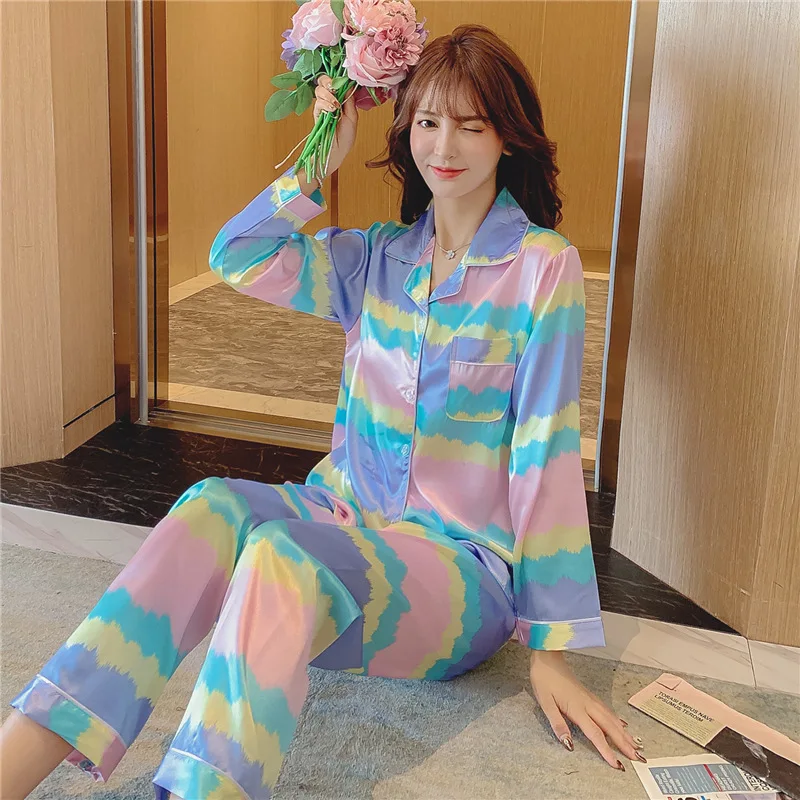 Autumn Two Piece Set Women Lapel Imitation Silk Pajamas Sets Long Sleeve Home Wear Ladies Mujer Sexy Satin Tops+Pants Sleepwear
Autumn Two Piece Set Women Lapel Imitation Silk Pajamas Sets Long Sleeve Home Wear Ladies Mujer Sexy Satin Tops+Pants Sleepwear