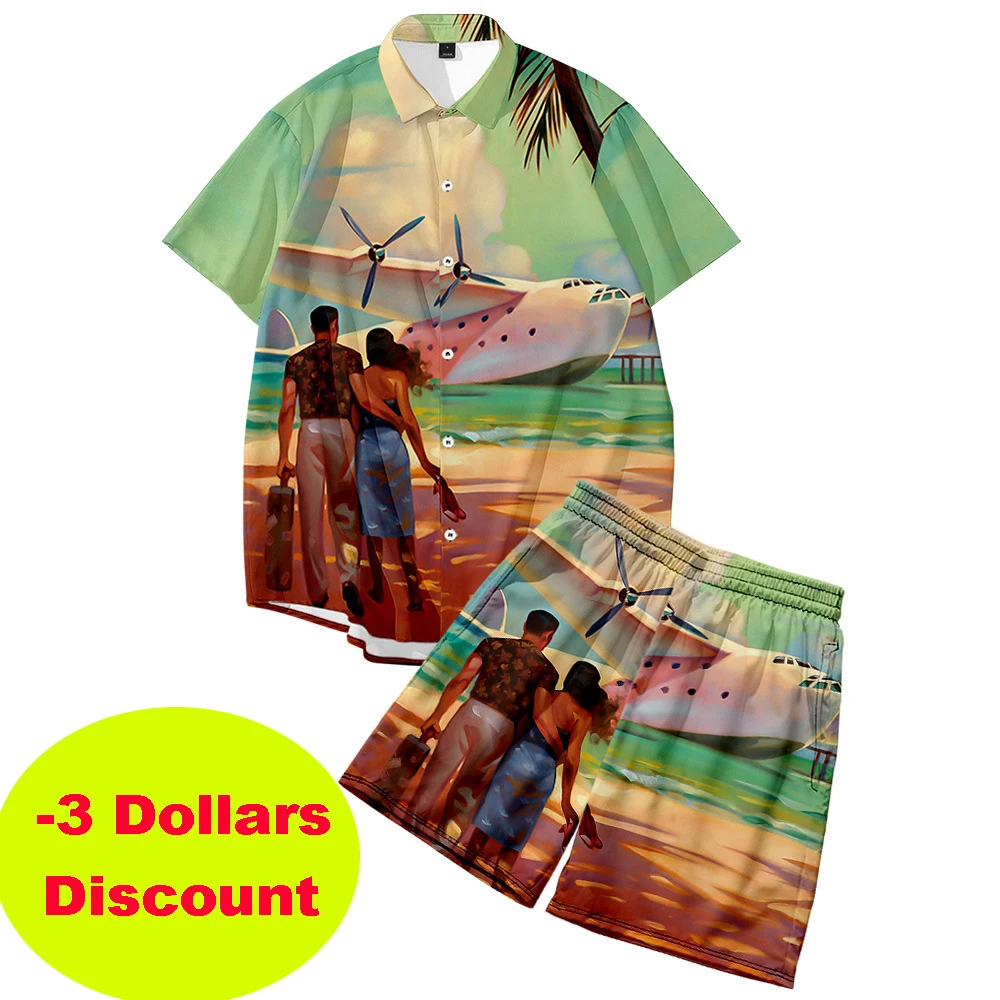 

Summer Men's Sets Short-Sleeved Shirts Large Size Paintings Digital Printed Shirts Shorts Casual Beach Shirts Plus Size Suit Men