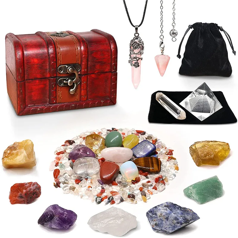 23PCS Natural Crystals Healing Stones Set 7 Raw Chakra Tumbled Pink Pillar Crystal Necklaces Pendulum White Pyramid Wooden Box
23PCS Natural Crystals Healing Stones Set 7 Raw Chakra Tumbled Pink Pillar Crystal Necklaces Pendulum White Pyramid Wooden Box